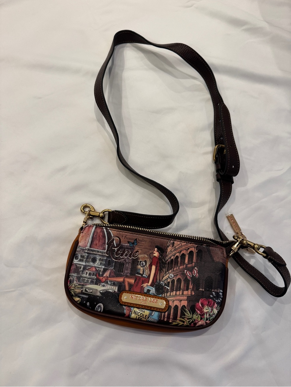 Nicole Lee Brown and Multicolor Vintage Travel Graphic Crossbody Bag